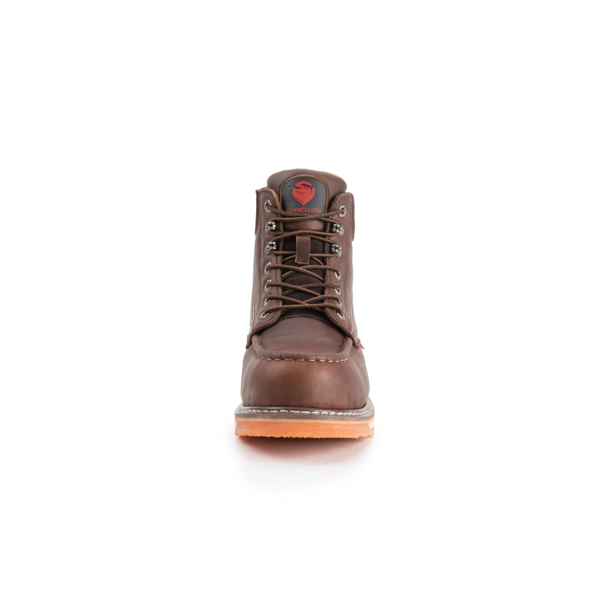 Front view of a brown SUREWAY 601M moc toe work boot.