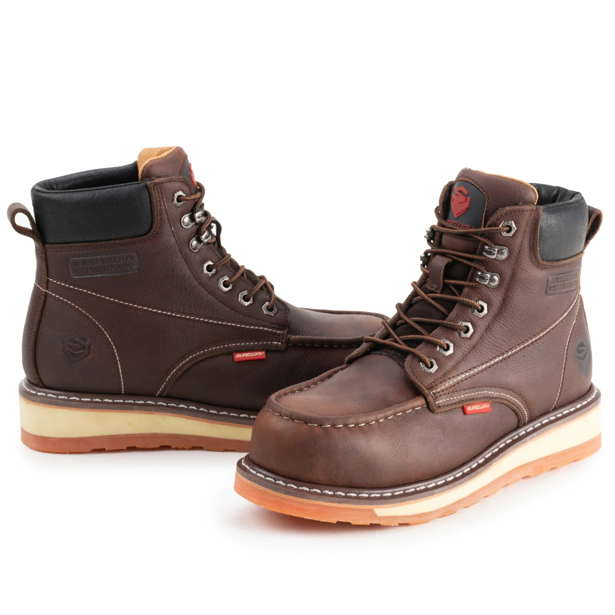 Pair of brown SUREWAY 601M moc toe work boots shown from the side.