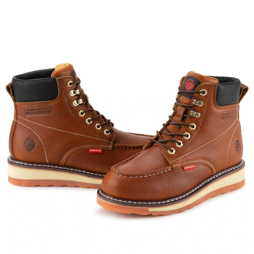 Pair of brown SUREWAY 601M moc toe work boots.