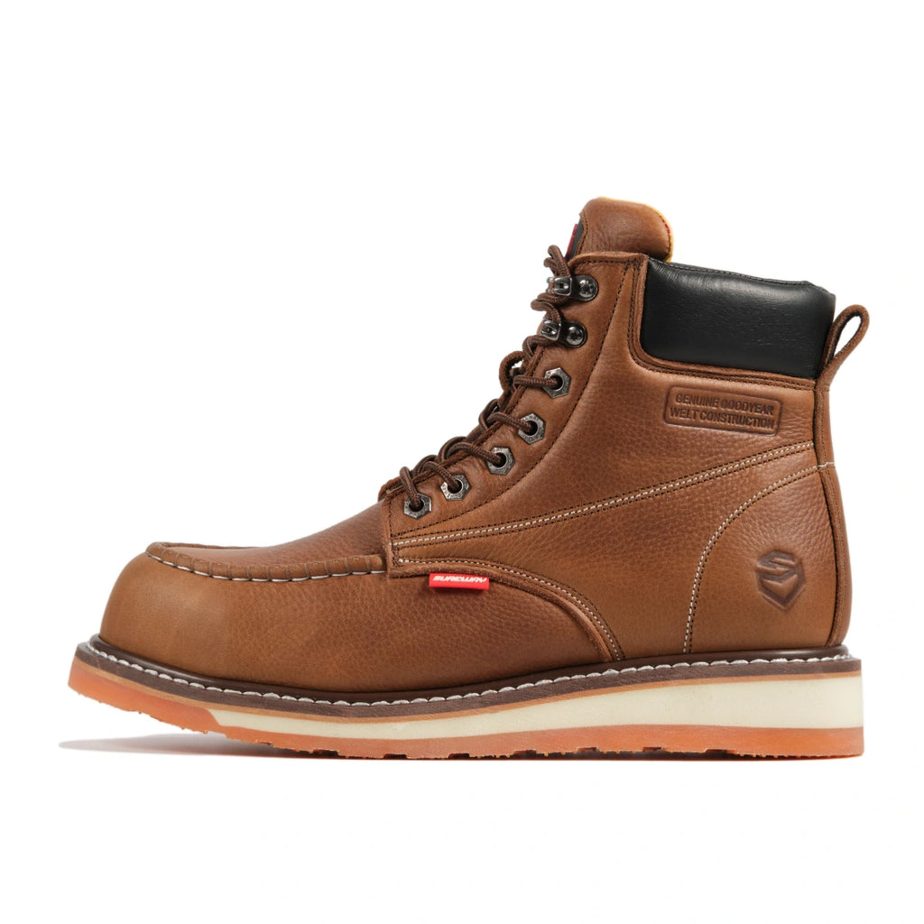 SUREWAY 601M tobacco brown leather moc toe work boot in side view, with a black padded collar and cream-and-orange lug sole.