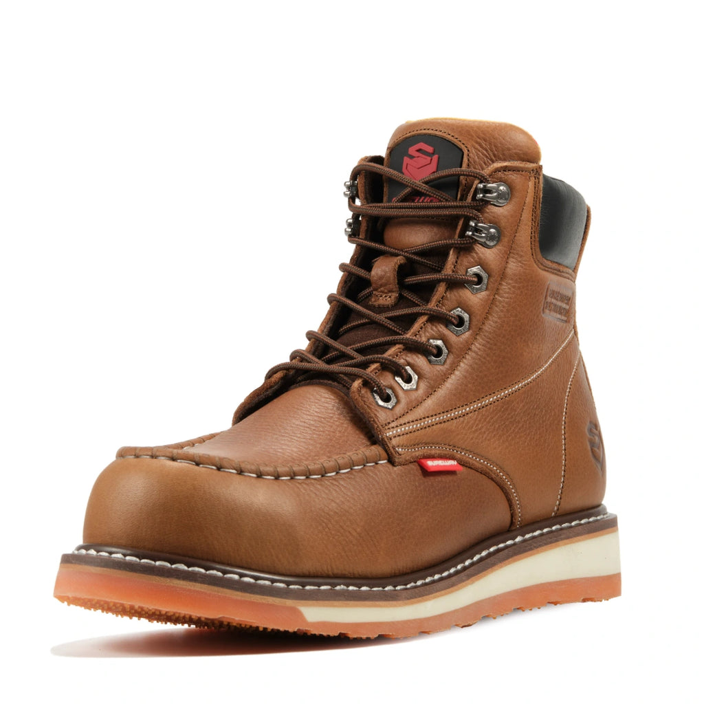 SUREWAY 601M tobacco brown leather moc toe work boot with contrast stitching, metal lace hooks, and a cream-and-orange lug sole on a white background.
