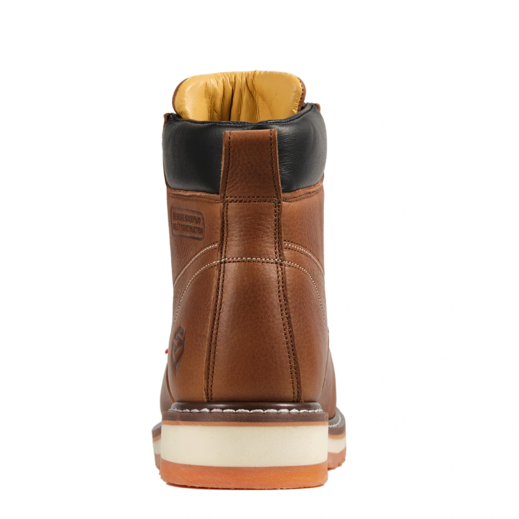 SUREWAY 601M tobacco brown leather work boot shown from the back, with a black padded collar and a cream-and-orange lug sole.
