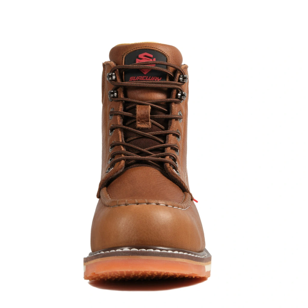 SUREWAY 601M tobacco brown leather moc toe work boot shown from the front, with contrast stitching, metal lace hooks, and an orange lug sole.