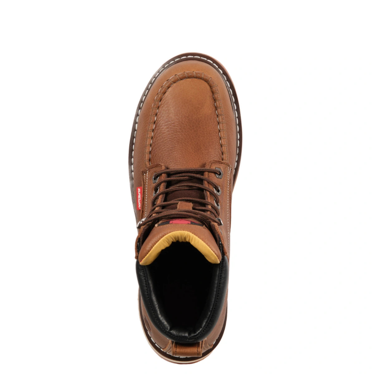 SUREWAY 601M tobacco brown leather work boot shown from above, featuring moc toe stitching, dark laces, and a padded collar.
