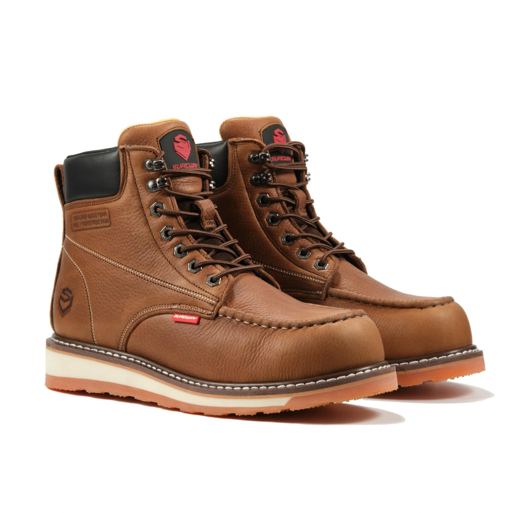 Pair of SUREWAY 601M tobacco brown leather moc toe work boots with contrast stitching, metal lace hooks, and cream-and-orange lug soles.