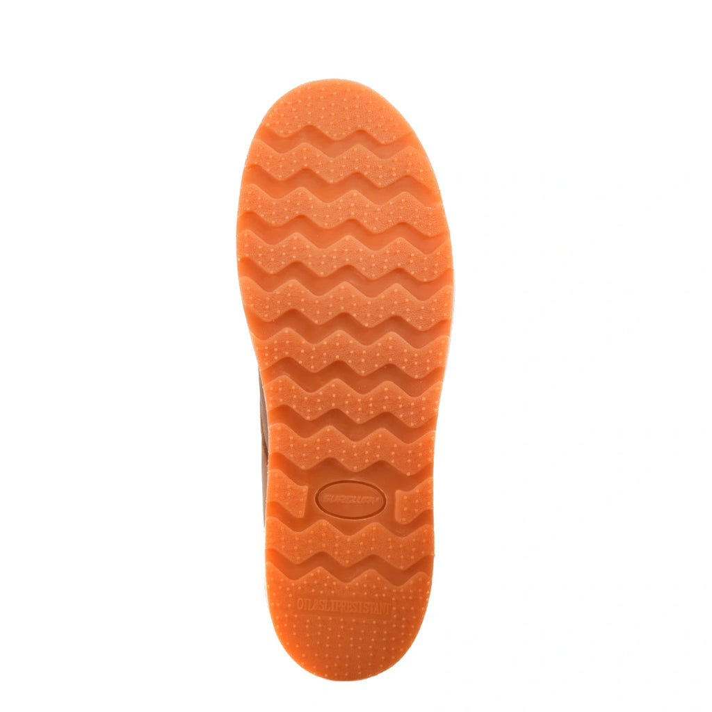 SUREWAY 601M work boot with a bright orange rubber outsole and deep wavy tread pattern, shown from below.