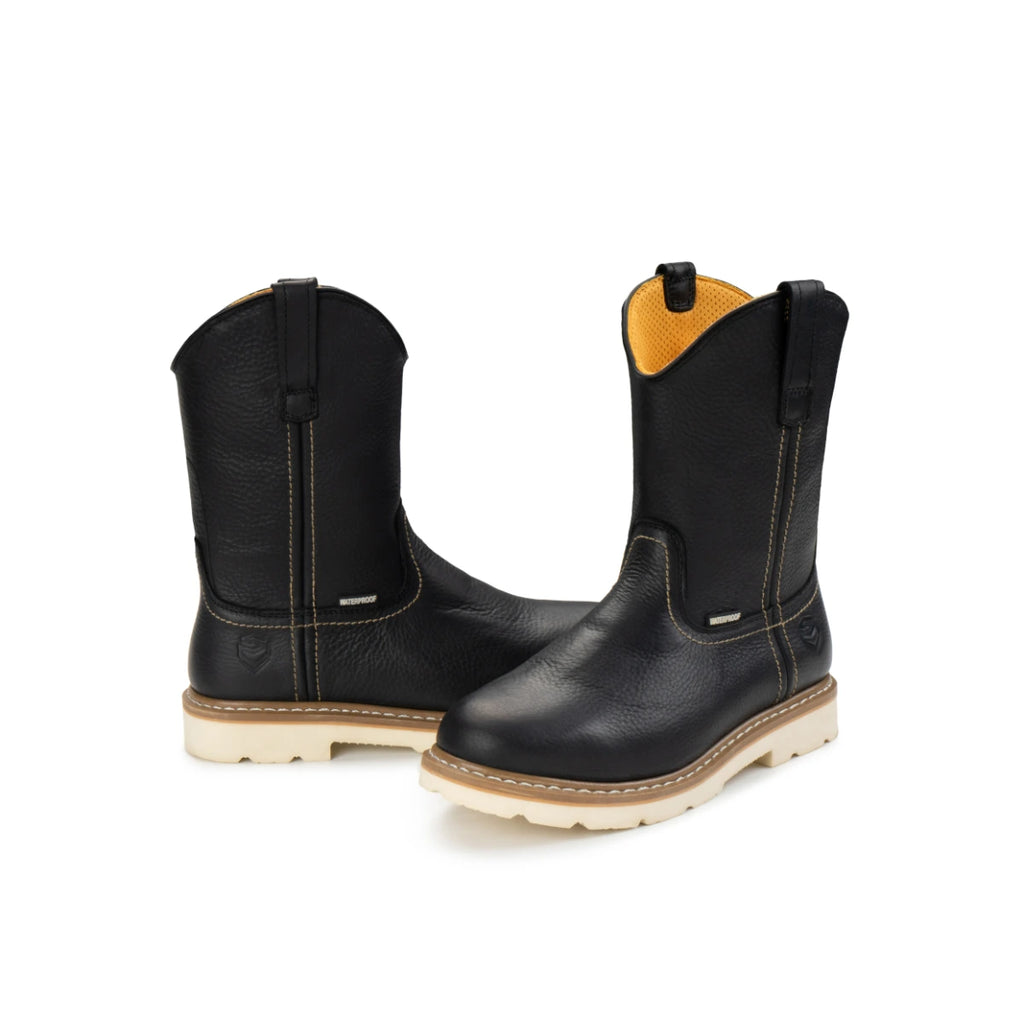 Pair of SUREWAY 65102 men's black leather Western boots with beige soles, shown from different angles.