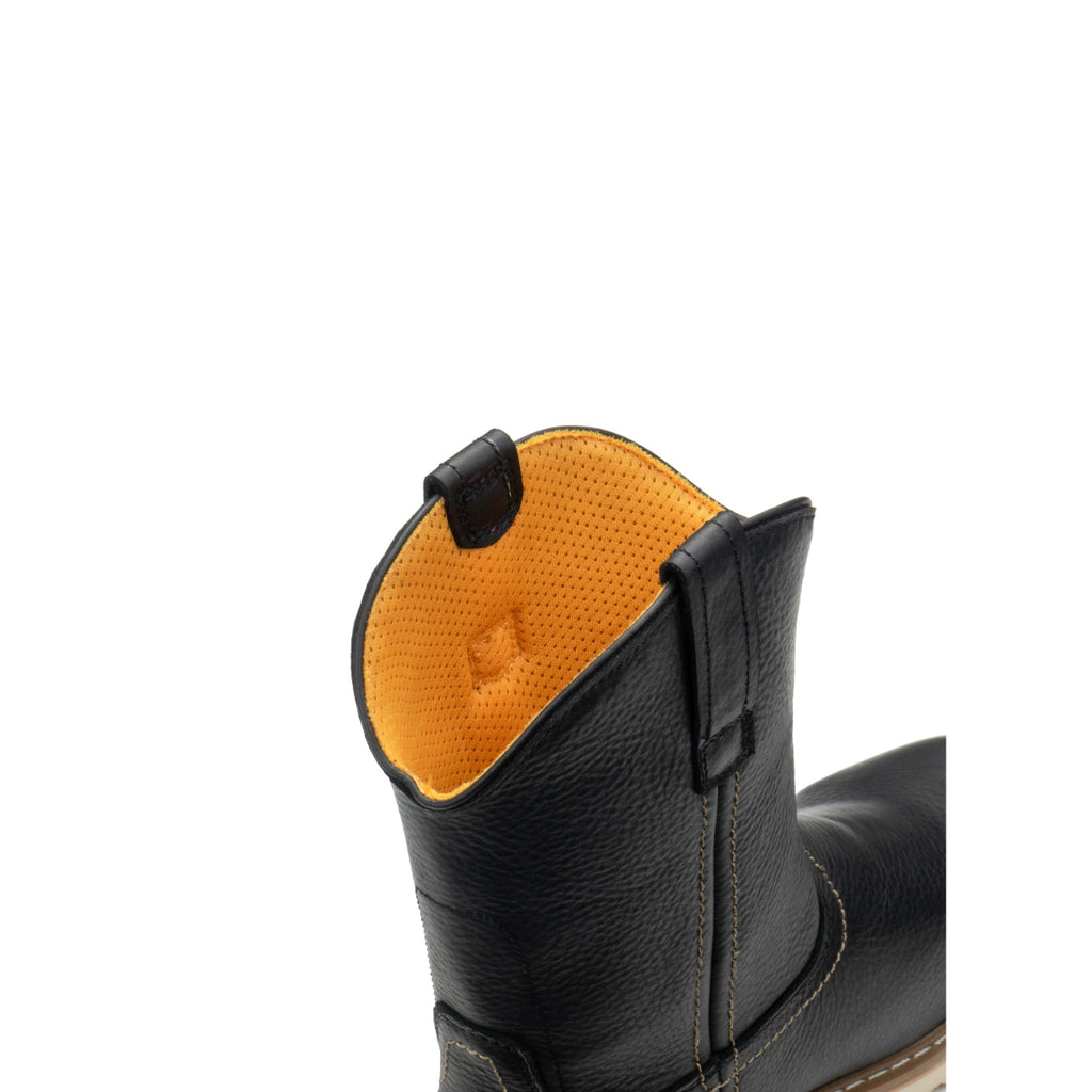Close-up of the SUREWAY 65102 black leather Western boot showing the shaft opening, pull tab, and yellow lining.