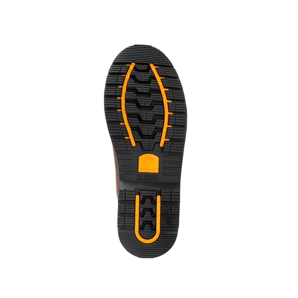 Bottom view of a SUREWAY 65102 Western boot sole with black tread and yellow accents.