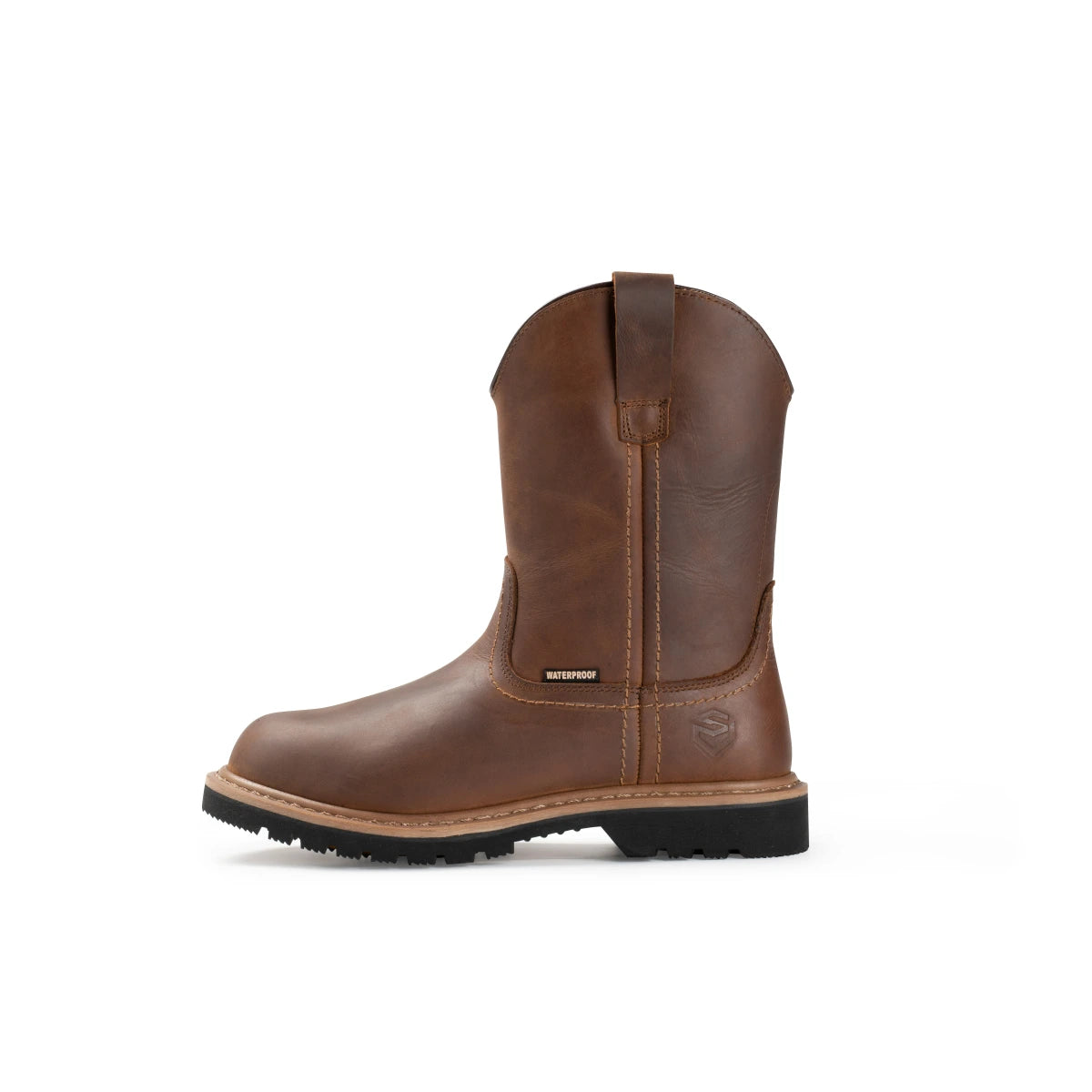 SUREWAY 65102 men's brown leather Western boot, side view showing the shaft and black sole.
