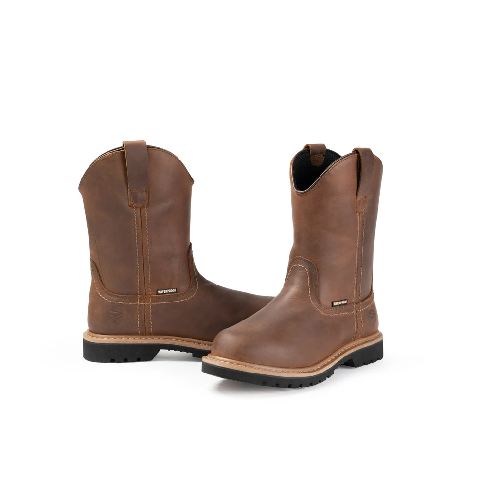 Pair of SUREWAY 65102 men's brown leather Western boots shown from different angles.
