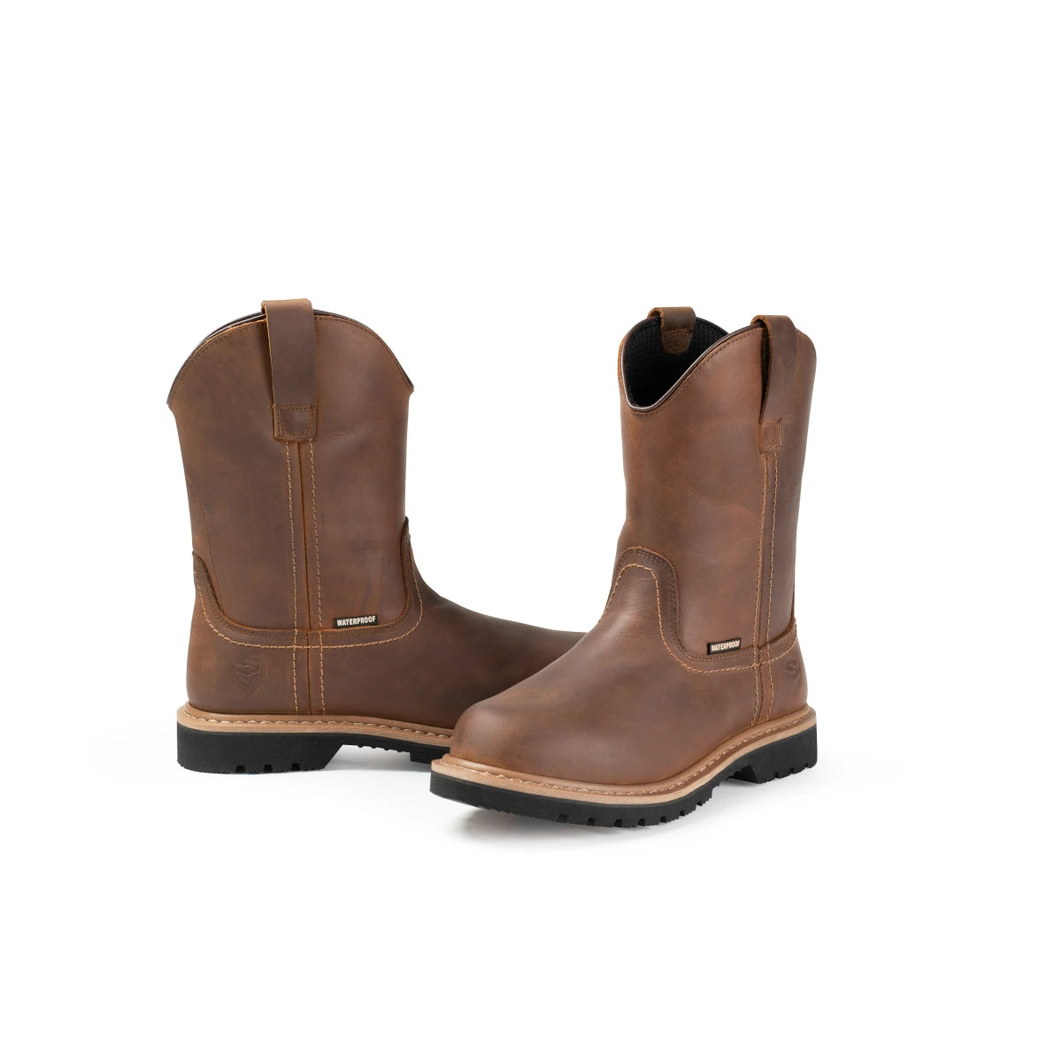 Pair of SUREWAY 65102 men's brown leather Western boots shown from different angles.