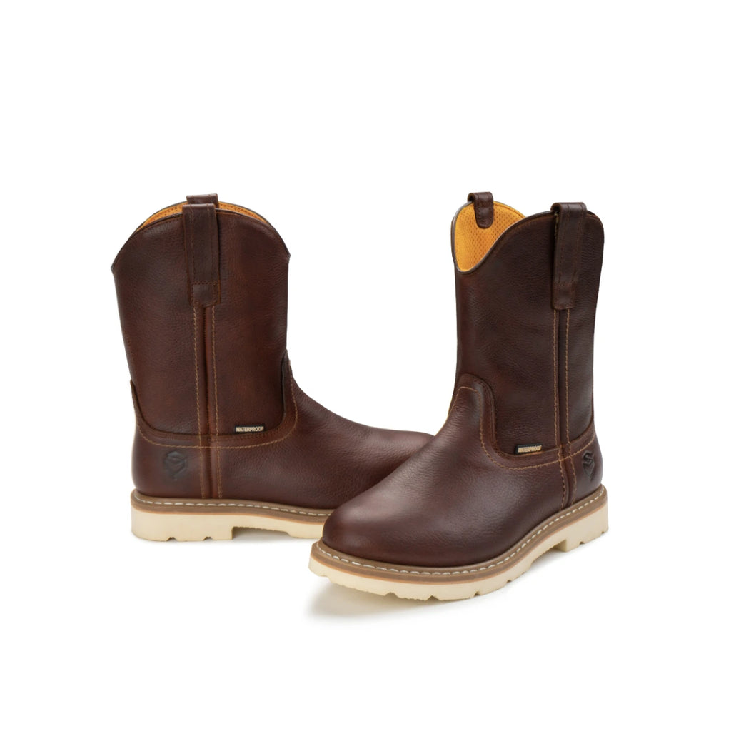 Pair of SUREWAY 65102 men's dark brown leather Western boots with beige soles, shown from different angles.