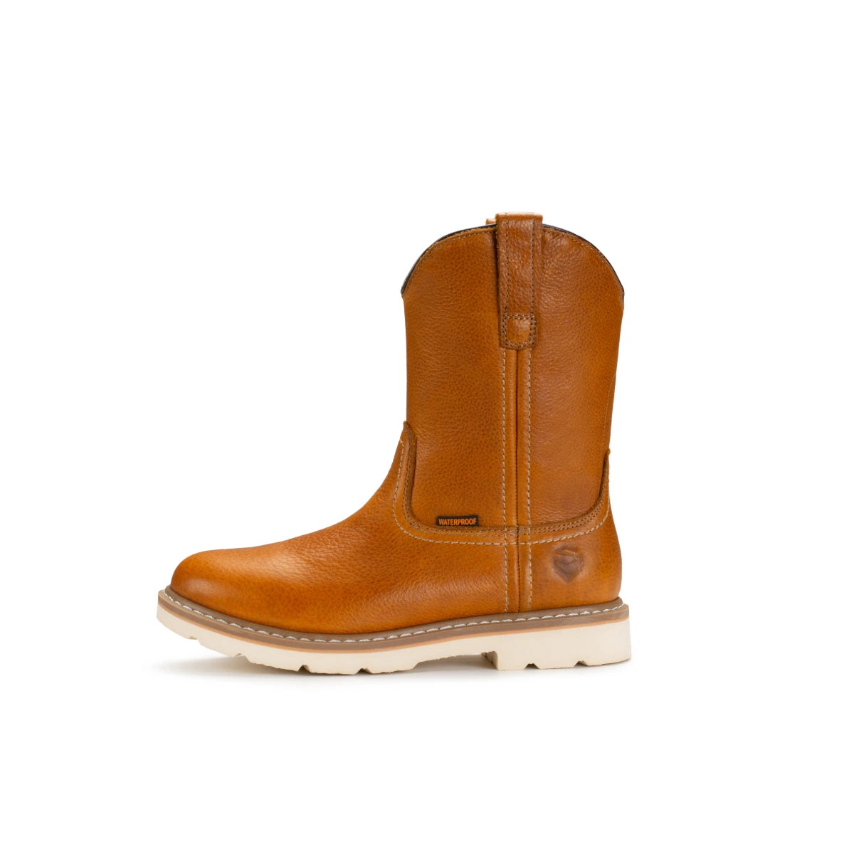SUREWAY 65102 men's light brown leather Western boot, side view showing the shaft and beige sole.