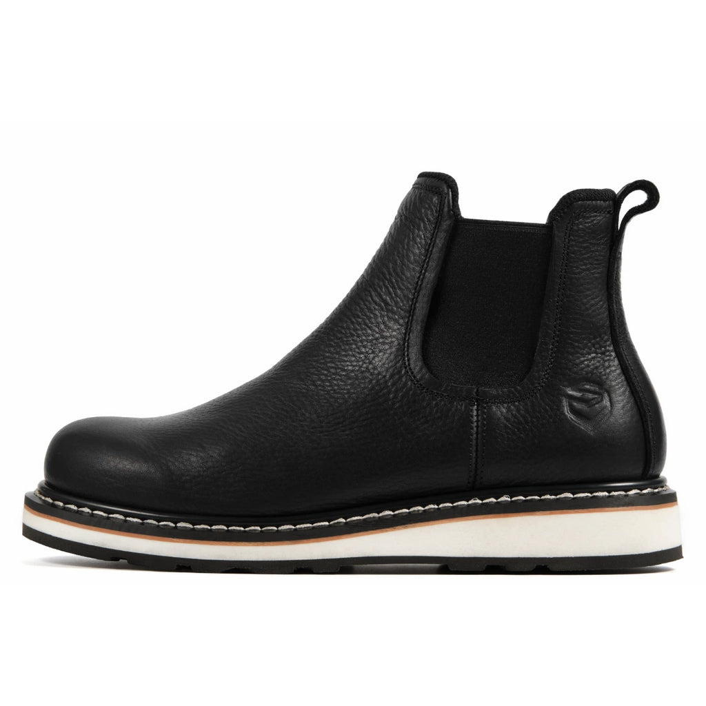 SUREWAY N607 black leather Chelsea work boot with white sole, three-quarter view