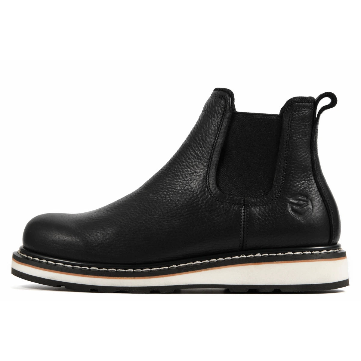 SUREWAY N607 black leather Chelsea work boot with white sole, three-quarter view
