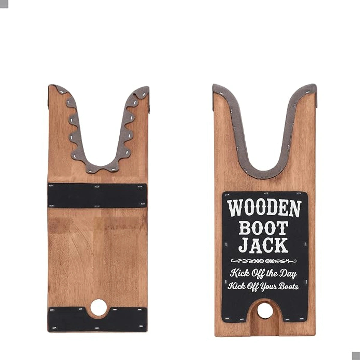 Top and underside views of the SUREWAY wooden boot jack showing its lined heel opening and anti-slip pads.