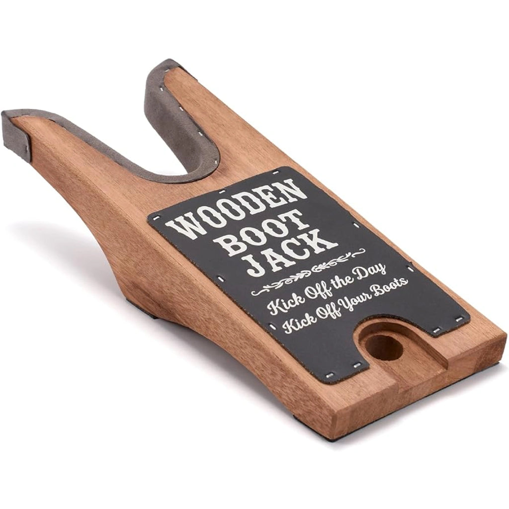 Angled view of the SUREWAY wooden boot remover showing its black foot pad and circular cutout.