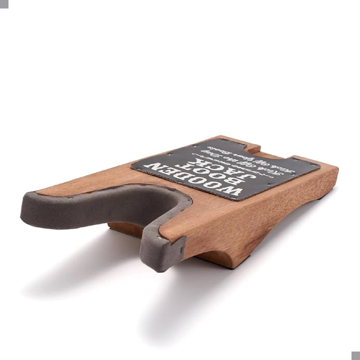 Front angled view of the SUREWAY wooden boot jack with a padded heel catch and raised wooden base.