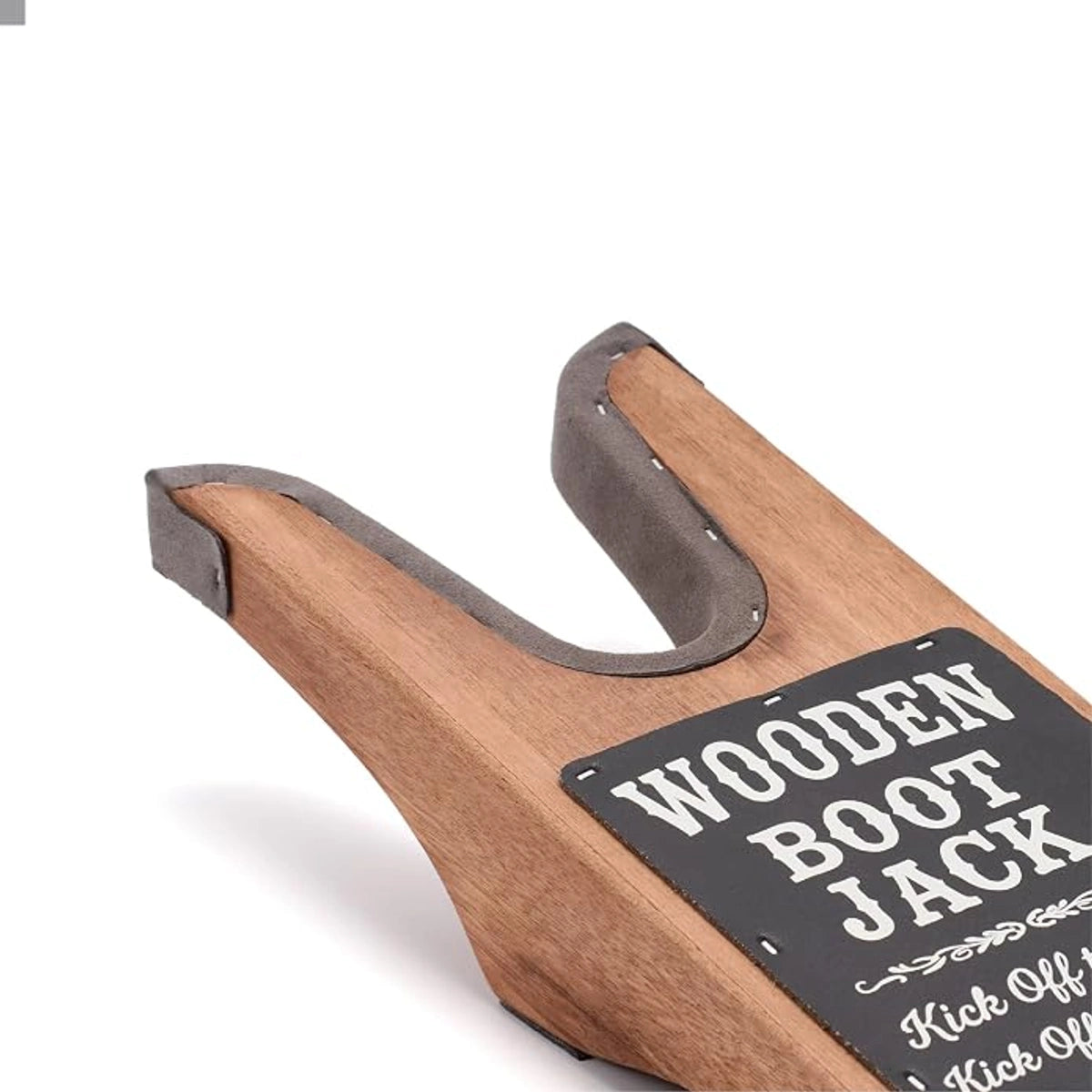 Close-up of the SUREWAY wooden boot jack showing its lined heel opening and printed foot pad.