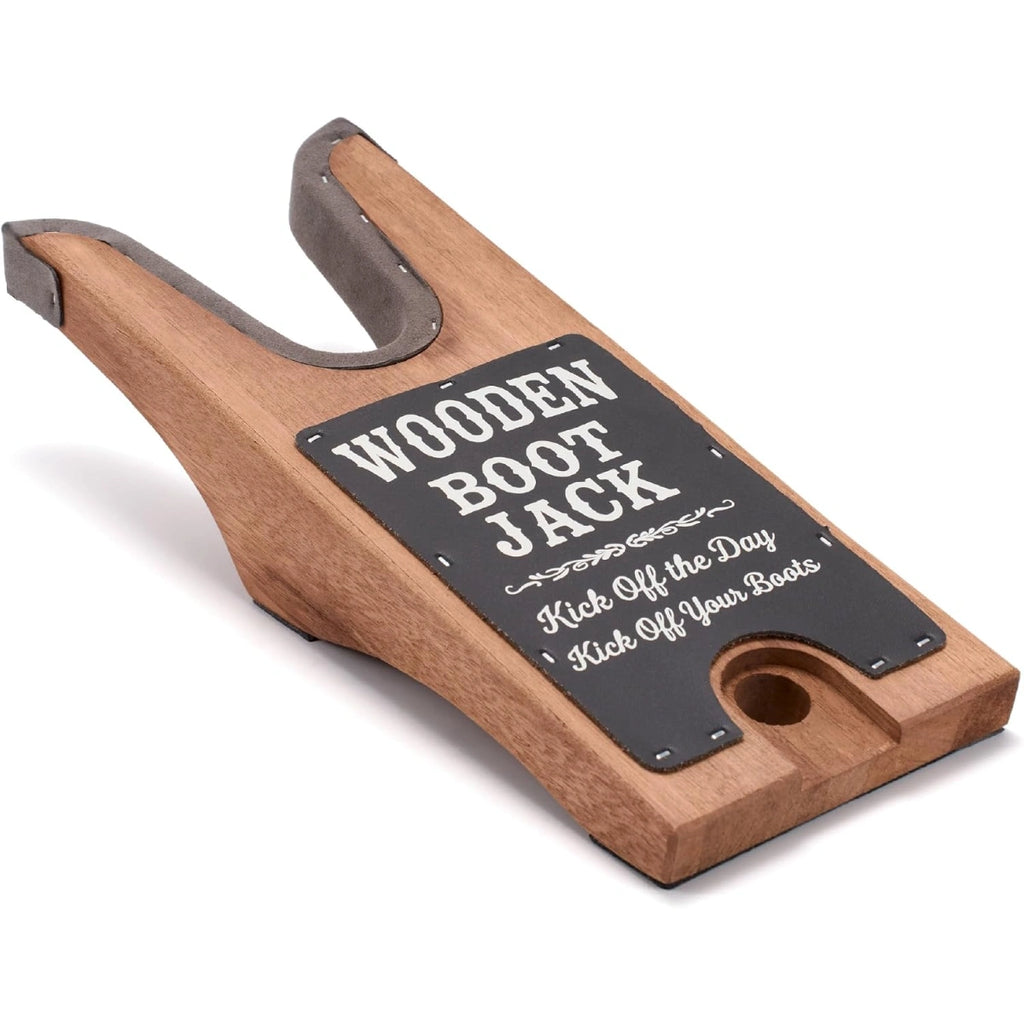 SUREWAY wooden boot jack with a padded U-shaped heel opening and black foot pad, shown at an angle.